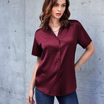 Nadorine Women Satin Shirt V-Neck Short Sleeve Button Down Shirt Casual Loose Office Silk Tops  (Us Only)