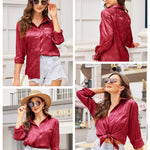 Satin Silk Shirt Floral Button Down Blouse - Nadorine (Us Only)