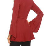 Nadorine Women's Sexy V-Neck Pleated Front Long Bell Sleeve Blouse Tops