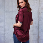 Nadorine Women Satin Shirt V-Neck Short Sleeve Button Down Shirt Casual Loose Office Silk Tops  (Us Only)