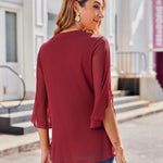 Nadorine 3/4 Sleeve Ruffle V Neck Flowy Floral Mesh Blouses