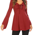 Nadorine Women's Sexy V-Neck Pleated Front Long Bell Sleeve Blouse Tops