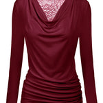 Womens Long Sleeve Ruched Top Slim Fitted Cowl Neck Wrap Shirts with Side Shirring - Nadorine (Us Only)