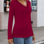 Womens Long Sleeve Ruched Top Slim Fitted Cowl Neck Wrap Shirts with Side Shirring - Nadorine (Us Only)