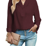 Womens Blouses Dressy Casual Long Sleeve Henley V-Neck Button Up Drop Shoulder Blouse Shirt Tops Relaxed Fit S-XXL - Nadorine (Us Only)