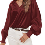 Women's Silk Shirts V Neck Shirred Lantern Sleeve Casual Work Blouse Tunic Tops - Nadorine (Us Only)