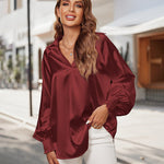 Women's Silk Shirts V Neck Shirred Lantern Sleeve Casual Work Blouse Tunic Tops - Nadorine (Us Only)
