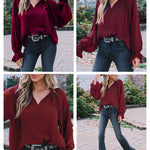 Women's Silk Shirts V Neck Shirred Lantern Sleeve Casual Work Blouse Tunic Tops - Nadorine (Us Only)