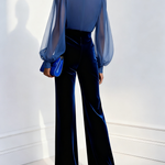 Blue mesh V-neck long-sleeved velvet jumpsuit