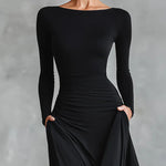 Black modern crepe pleated boat neck long dress