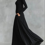 Black modern crepe pleated boat neck long dress
