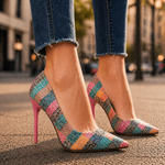 Women's Printed Leather Pointed Toe Heels | Bold Mosaic Elegance