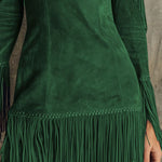 Brown High-neck Off-shoulder Tassel Faux Suede Long-sleeved Mini Dress
