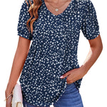 Nadorine Puff Short Sleeve Boho V Neck Floral Blouse