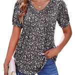 Nadorine Puff Short Sleeve Boho V Neck Floral Blouse