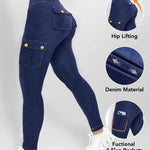 High Waist Tummy Control Butt Lifting Denim Look Leggings Stretchy Yoga Pants with Flap Pockets