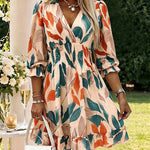 Women's Colorblock Leaf Print Midi Dress Overlap V-Neck Three Quarters Sleeve Shirred Waist Ruffle Hem A-Line Vacation Dress