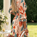 Women's Colorblock Leaf Print Midi Dress Overlap V-Neck Three Quarters Sleeve Shirred Waist Ruffle Hem A-Line Vacation Dress
