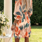 Women's Colorblock Leaf Print Midi Dress Overlap V-Neck Three Quarters Sleeve Shirred Waist Ruffle Hem A-Line Vacation Dress