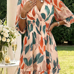 Women's Colorblock Leaf Print Midi Dress Overlap V-Neck Three Quarters Sleeve Shirred Waist Ruffle Hem A-Line Vacation Dress
