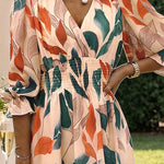 Women's Colorblock Leaf Print Midi Dress Overlap V-Neck Three Quarters Sleeve Shirred Waist Ruffle Hem A-Line Vacation Dress