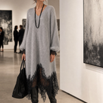 Sedona | Gray Shimmer Knit Midi Dress with Lace Hem