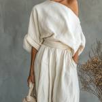 Off-white Linen Off-shoulder Loose Casual Top And Tapered Pants Set