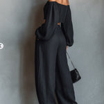 Black Off-the-shoulder Long-sleeved Top And Wide-leg Pants Set