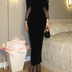 Black Velvet Lace-trimmed Fitted Maxi Dress