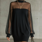 Karen | Short black dress with transparent mesh sleeves and high collar