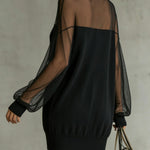 Karen | Short black dress with transparent mesh sleeves and high collar