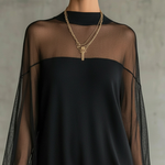 Karen | Short black dress with transparent mesh sleeves and high collar