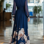 Navy Blue V-neck Tulle Sleeve Pleated Floral Maxi Dress