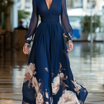 Navy Blue V-neck Tulle Sleeve Pleated Floral Maxi Dress