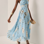 Light Blue Floral Pleated Chiffon One-shoulder Maxi Dress