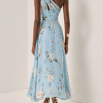 Light Blue Floral Pleated Chiffon One-shoulder Maxi Dress