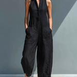 Black Minimalist Faux Linen Button-down Collar Sleeveless Loose-fitting Jumpsuit