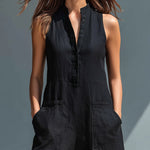Black Minimalist Faux Linen Button-down Collar Sleeveless Loose-fitting Jumpsuit