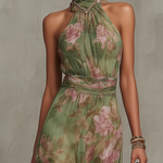 Green Floral Chiffon Halter Maxi Dress