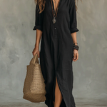 Soline™ | Long Black Maxi Dress with Buttons