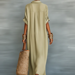 Olive Green Minimalist Patchwork Short-sleeved Shirt Maxi Dress