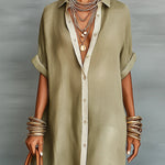 Olive Green Minimalist Patchwork Short-sleeved Shirt Maxi Dress