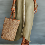 Olive Green Minimalist Patchwork Short-sleeved Shirt Maxi Dress