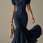 Navy Blue Striped Shirt Collar Slim-fit Mermaid Midi Dress