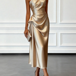 Champagne Satin One-shoulder Sleeveless Ruffled Midi Dress