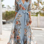 Floral Print V-Neck Short Sleeve Bow Waist Midi Dress