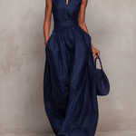 Dark Blue Striped Keyhole Neckline Wide-leg Jumpsuit