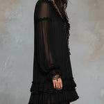 Black V-neck Lantern Sleeve Ruffled Chiffon Mini Dress