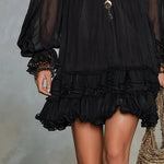 Black V-neck Lantern Sleeve Ruffled Chiffon Mini Dress
