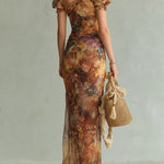 Viola™ | Long orange chiffon dress with bohemian artistic print